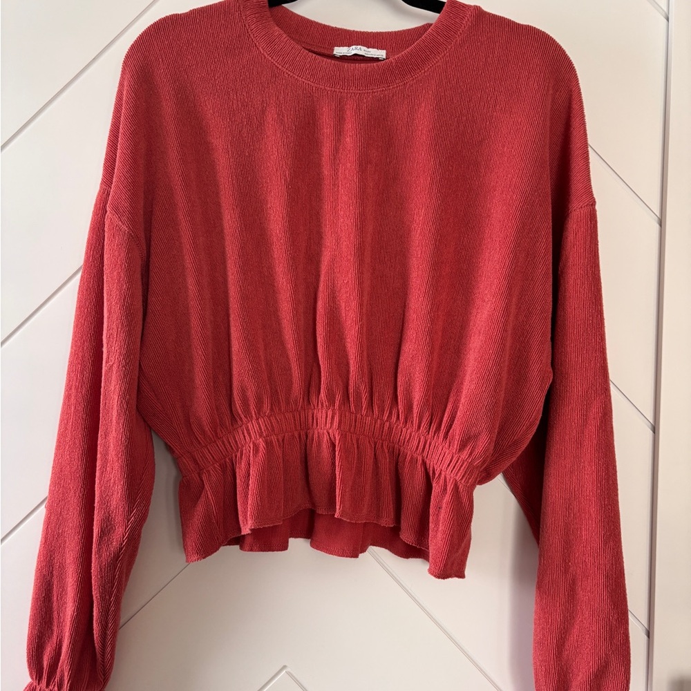 Zara Red-Orange Cinched Long Sleeve Top